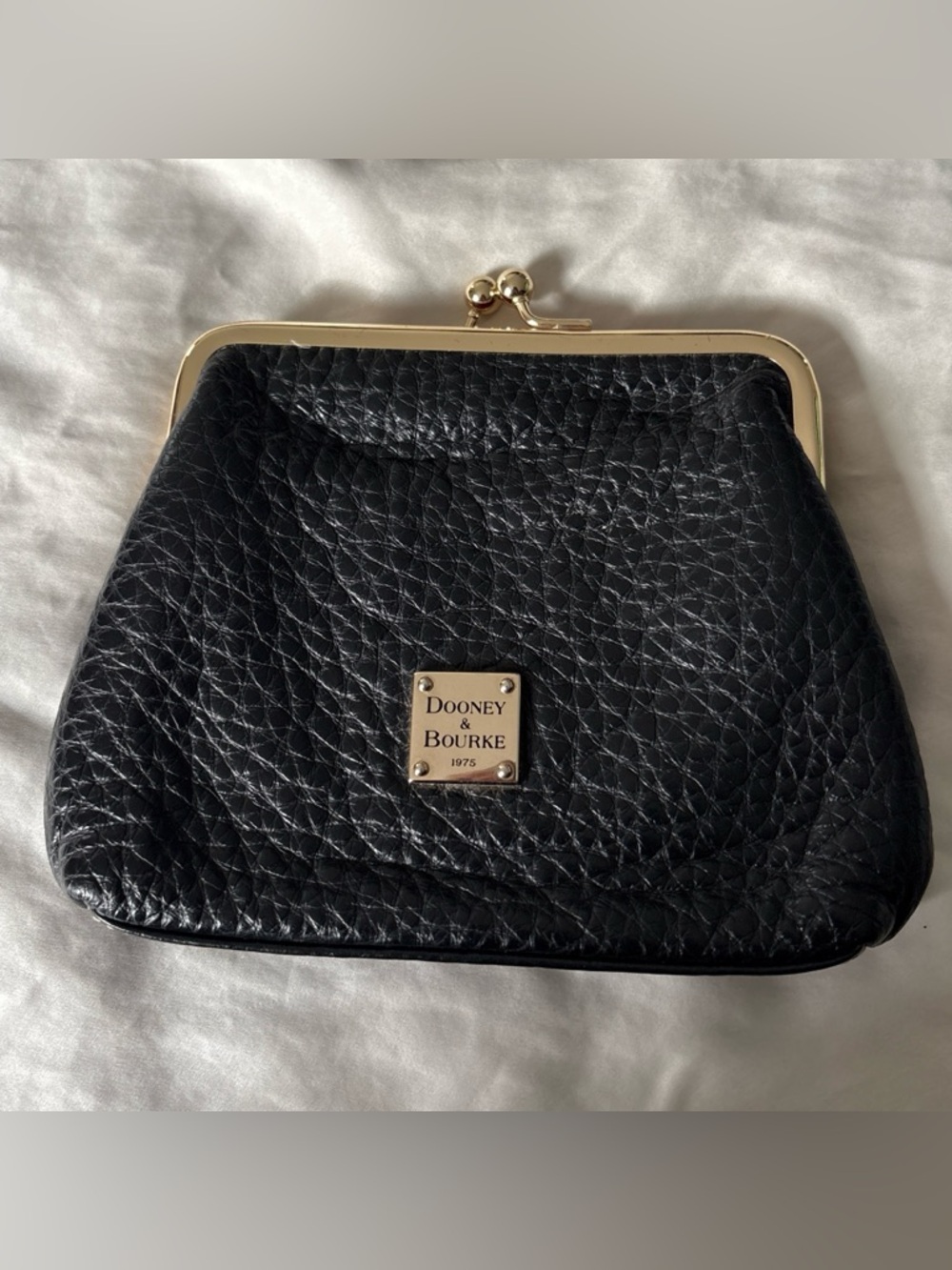 Dooney & Bourke Black Pebbled Leather Kiss-Lock Clutch with Gold Hardware